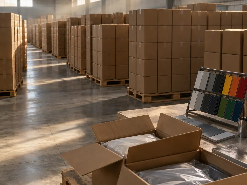 Distribution warehouse with powder cartons and colour panels