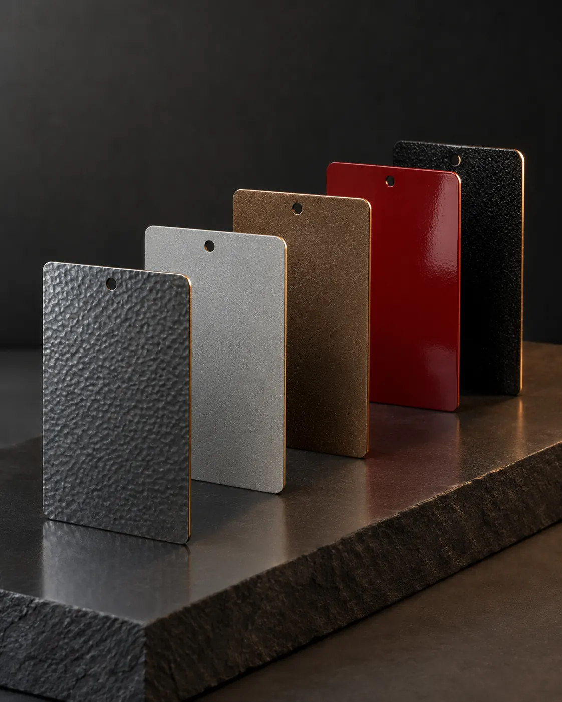 Five powder-coated test panels on a black stone plinth: hammer tone, sand texture, bronze metallic, red high gloss and black wrinkle