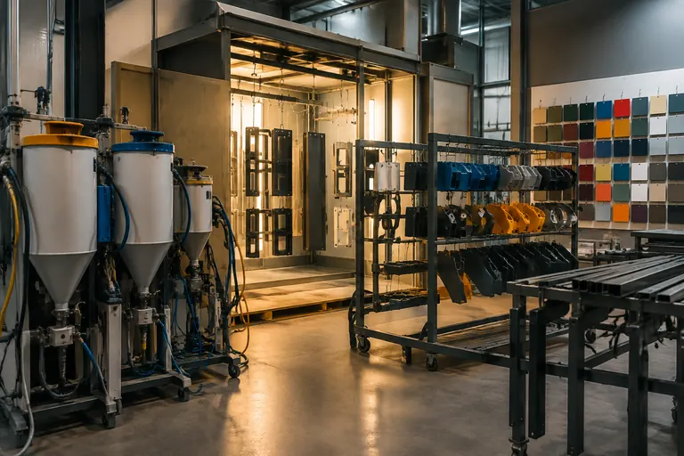 Coating applicators parts on a powder coating line