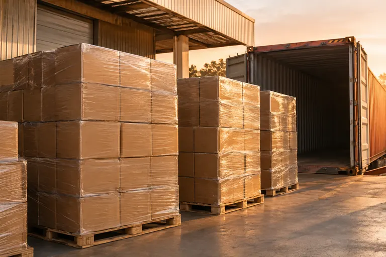 Pallets of powder cartons beside a shipping container