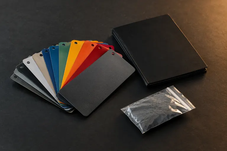 Colour panels, colour card and powder sample on a desk