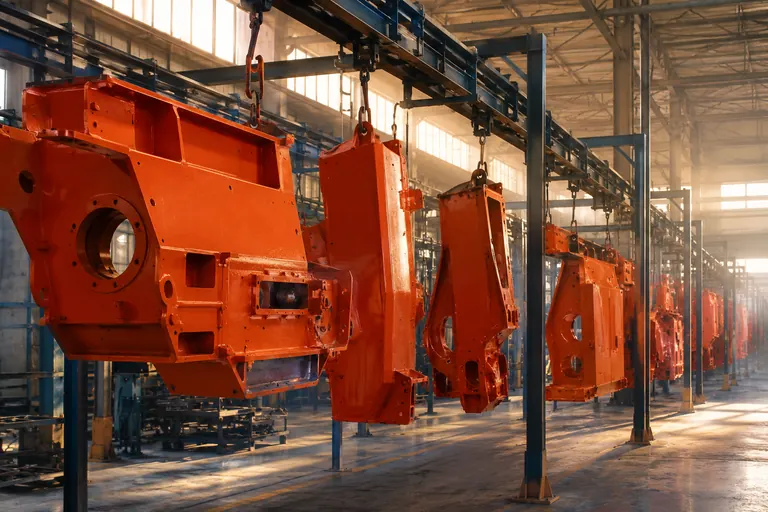 Agricultural & industrial equipment parts on a powder coating line