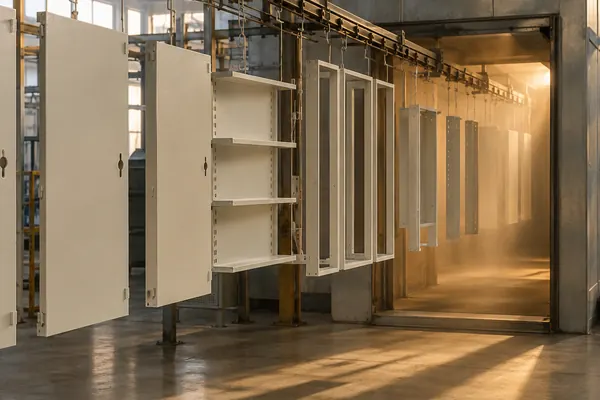 Metal furniture, shelving & metalwork parts on a powder coating line
