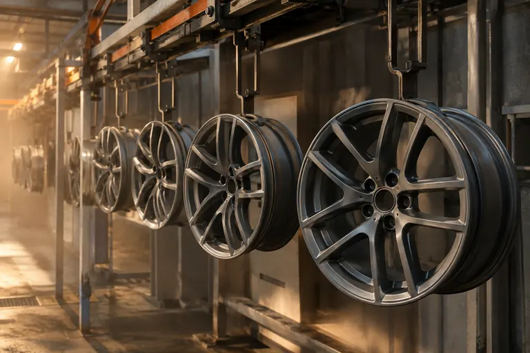 Automotive parts & wheels parts on a powder coating line