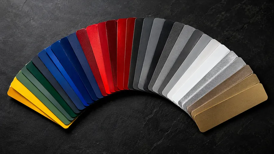 A fan of powder-coated colour panels in reds, blues, greys, metallics and greens