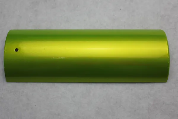 Translucent lime, high gloss powder coating on an aluminium profile section
